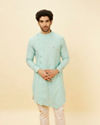 alt message - Manyavar Men Aqua Green Angrakha Kurta Set image number 0